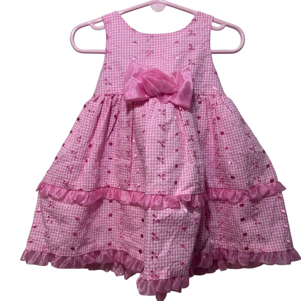 18M Bonnie Baby Pink Gingham Tiered Dress Bloomer Set Floral Embroidered Girls
